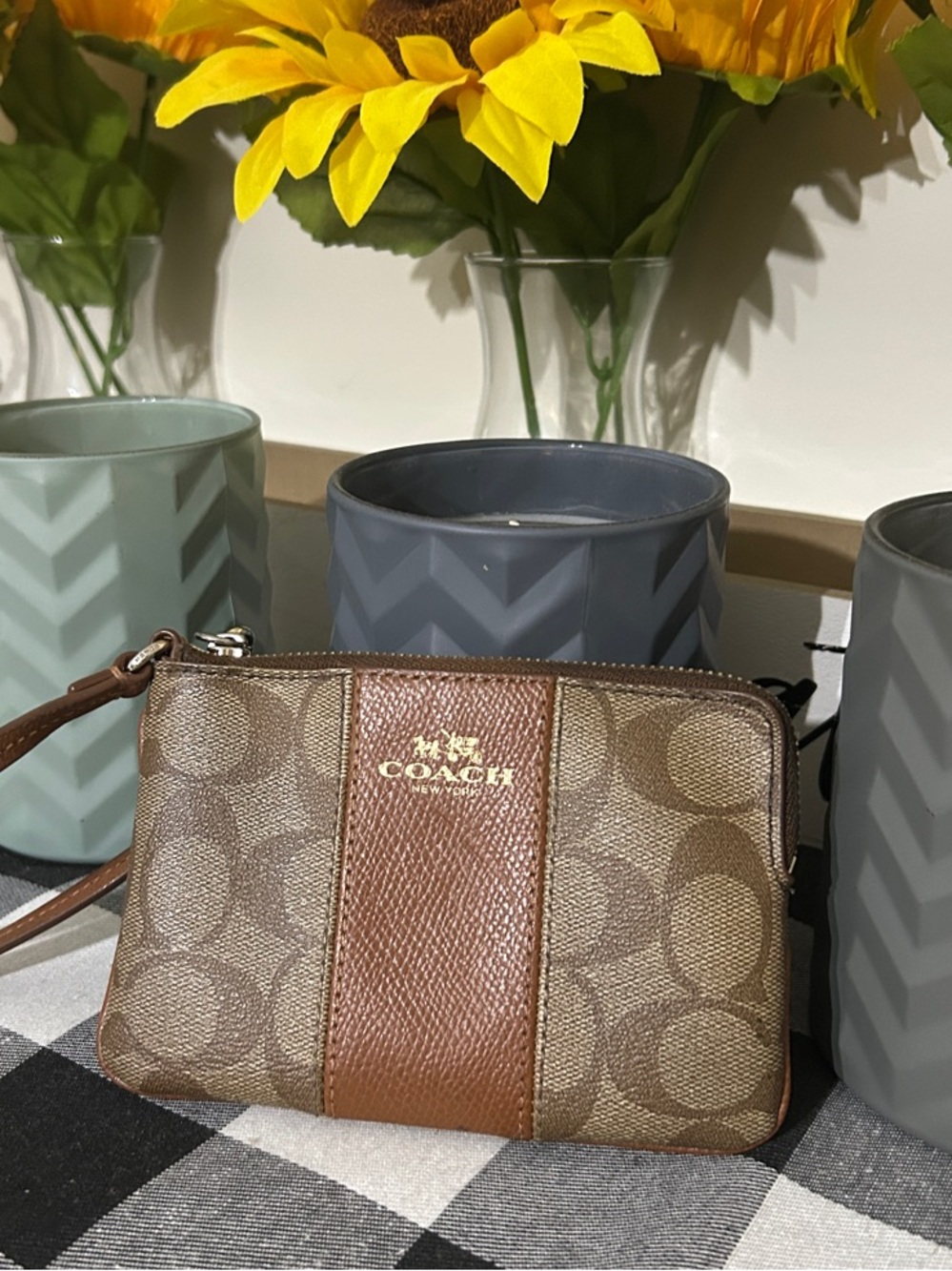 COACH Brown Signature Canvas Wristlet with Leather Trim